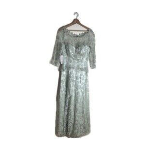 vtg Cassandra Stone Dress Womens 8 Sage Green Lace Gown Formal‎ Evening Beaded